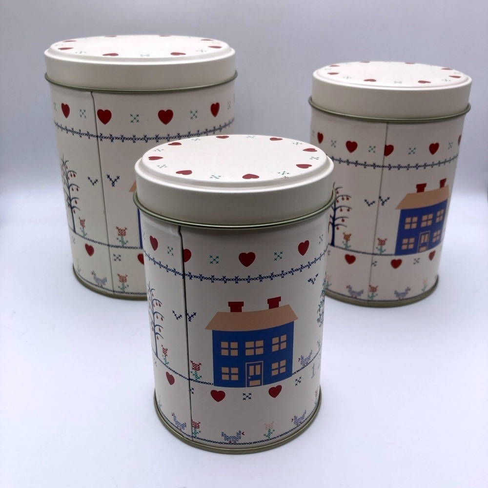 Canisters Homes Hearts & Numbers NEW Open Box Set of 3 Nesting Cottagecore - Picture 3 of 6